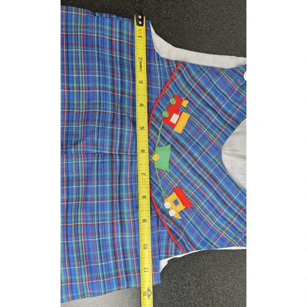 Vintage Baby Boy Blue Green Plaid Romper Shortalls Button‎ Cotton